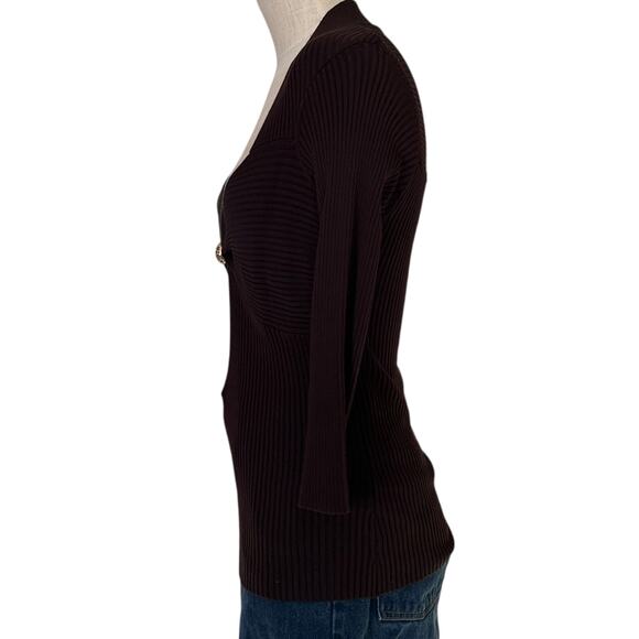 Cache Brown Gold Ribbed Tube Top Shirt Womens Sz Large Y2K V Neck 3/4 Sleeve - Picture 9 of 16